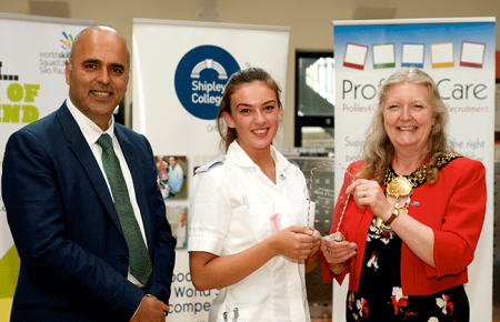 Nav Chohan, Shipley College Principal, Winner Jessica Duckworth and Lord Mayor of Bradford Councillor Joanne Dodds